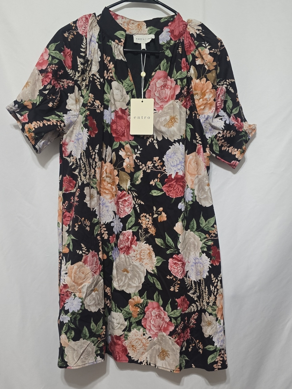 Entro Over the Hillside Black Multi Floral Cotton Puff Sleeve Mini Dress S